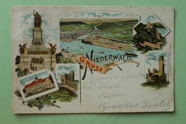 Ansichtskarte Litho AK Gruß aus Bingen 1900 Bahnhof Niederwald Denkmal Jagdschloss Bingerbrück Architektur Ortsansicht Rheinland Pfalz